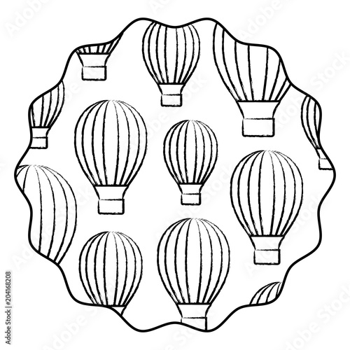 circular frame with hot air balloons pattern over white background, vector illustration