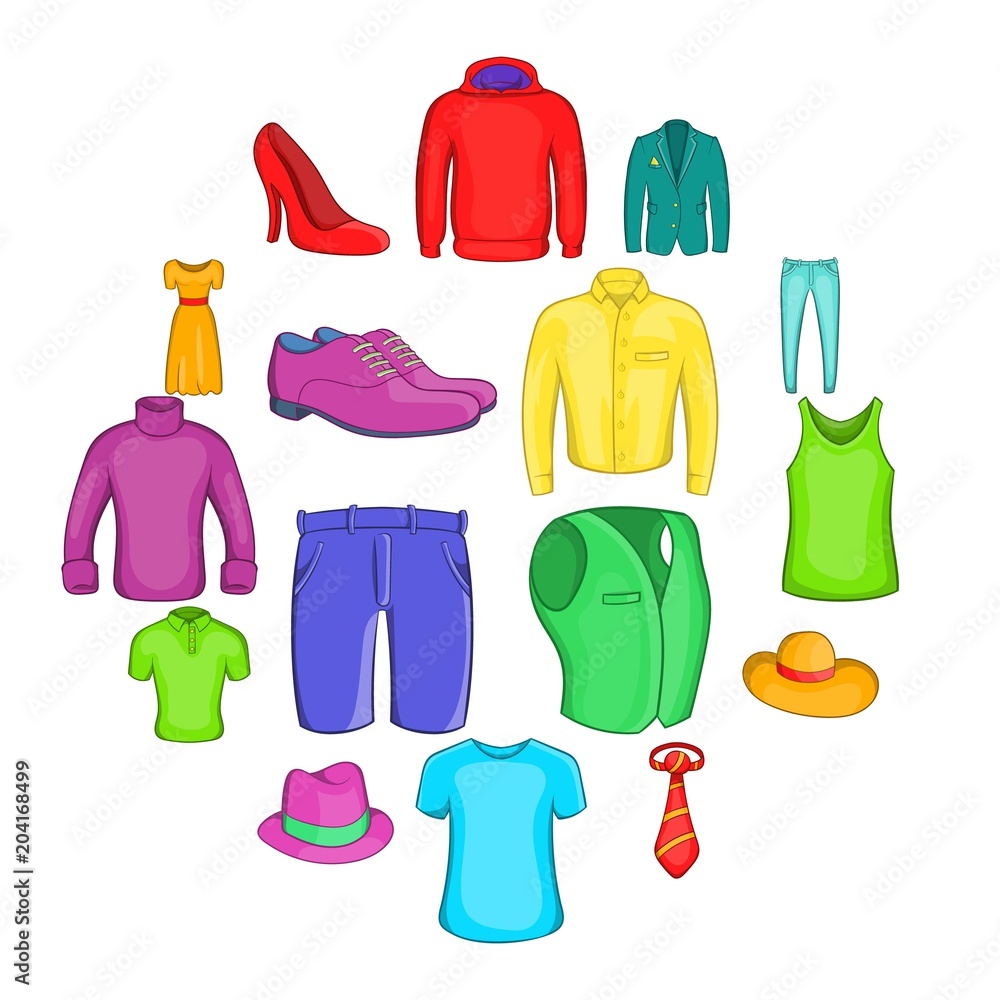 Clothes icons set, cartoon style