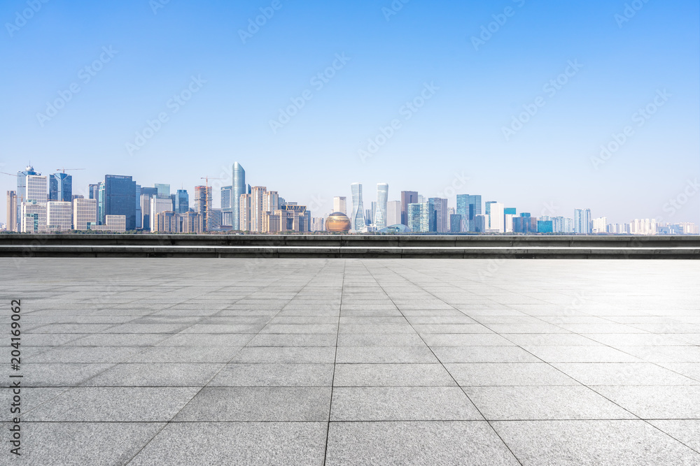 empty marble floor with panoramic city skyline empty marble floor with panoramic city skyline