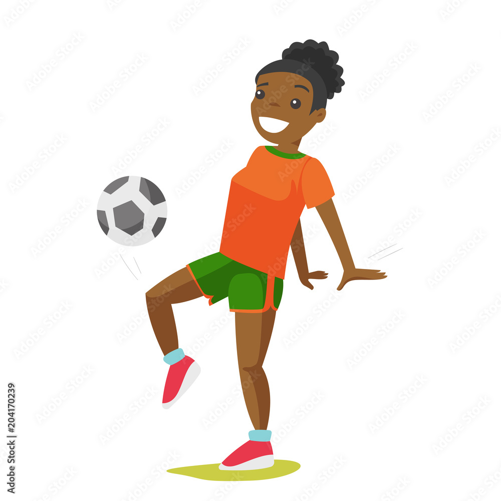 Young black football player with a ball. Professional sportsman playing soccer. Concept of health, sport and physical activity. Vector cartoon illustration isolated on white background.