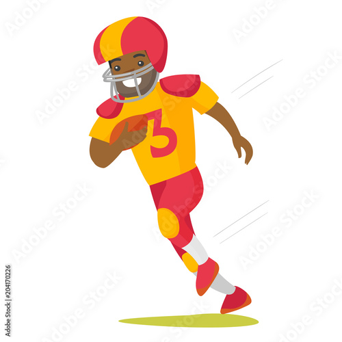 Black rugby player in helmet and uniform holding ball in hand. Full length of male american football player running with ball. Vector cartoon illustration isolated on white background.