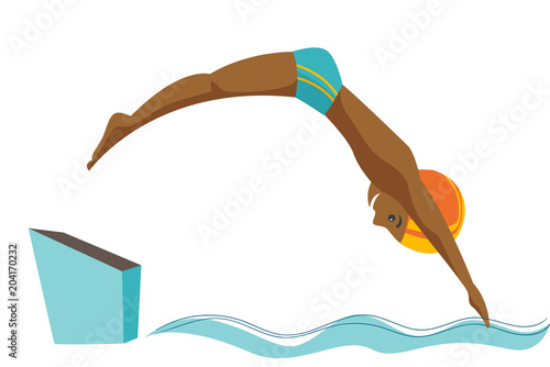 Young black sportsman jumping in the swimming pool. Professional swimmer diving fish style into the swimming pool. Vector cartoon illustration isolated on white background. Horizontal layout