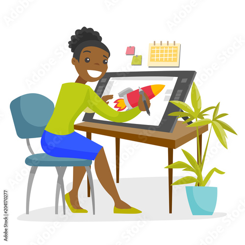 A black woman graphic designer or freelance artist works using a pen and touch screen at the office desk. Computer and web design concept. Vector cartoon illustration isolated on white background.