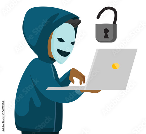 A hacker in mask holding a laptop. Caucasian man in mask unlocking laptop. Concept of cyber crime. Vector cartoon illustration isolated on white background.