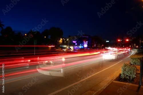 Traffic Traveling along State Road A1A in South Fort Lauderdale, Florida with Some Cars Stopped in a Long Time Exposure After Twilight at Night
