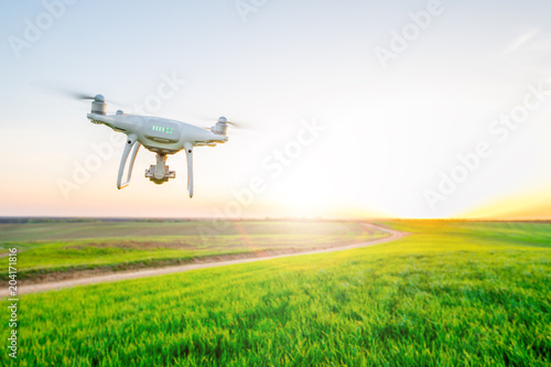 drone quad copter on green corn field