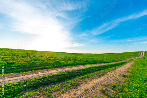 Green field,blue sky and sun.