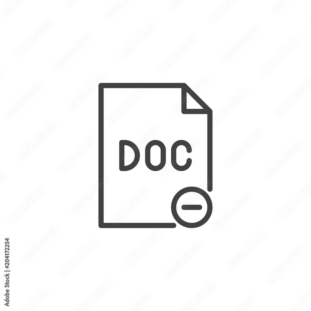 DOC file delete outline icon. linear style sign for mobile concept and web design. Paper document minus simple line vector icon. Symbol, logo illustration. Pixel perfect vector graphics DOC file delete outline icon. linear style sign for mobile concept and web design. Paper document minus simple line vector icon. Symbol, logo illustration. Pixel perfect vector graphics