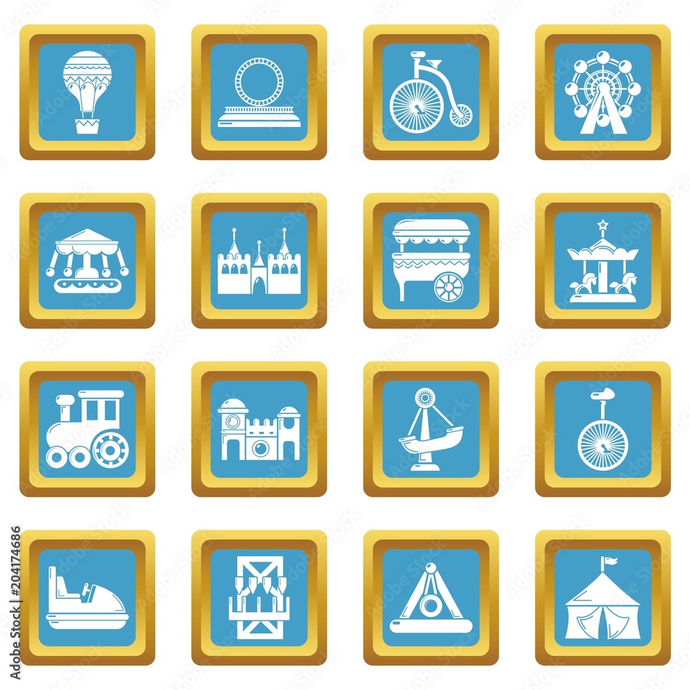 Amusement park icons set sapphirine square vector Amusement park icons set sapphirine square vector