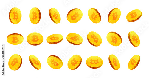 Set of 3d golden coins with bitcoin sign isolated on white background.Digital currency or cryptocurrency for electronic payments,Virtual money,Bitcoin mining and blockchain technology concept.