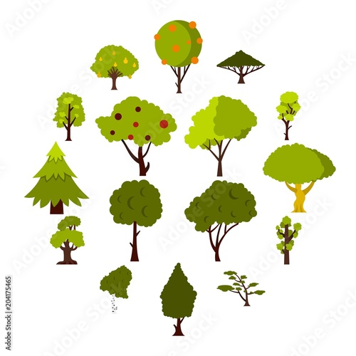 Green tree icons set, flat style
