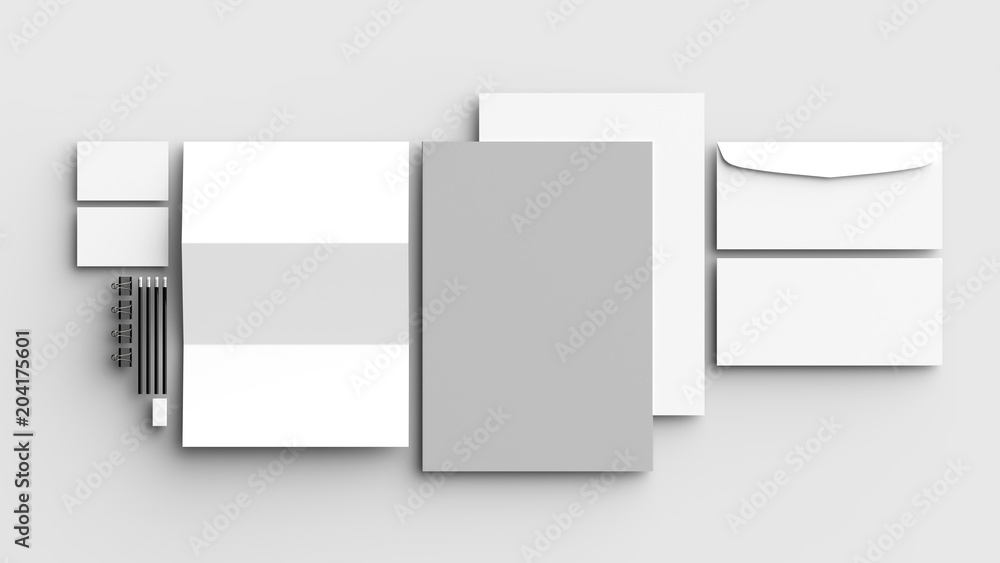 Corporate identity stationery mock up isolated on light gray background. 3D illustrating. Corporate identity stationery mock up isolated on light gray background. 3D illustrating.
