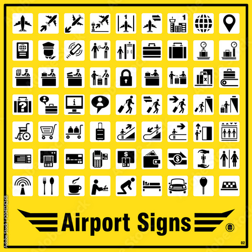 Set of airport signs and symbols for standards using to indicate various purposes and direction to locations around the airport area.