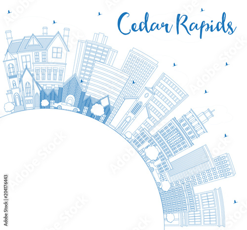 Outline Cedar Rapids Iowa City Skyline with Blue Buildings and Copy Space.