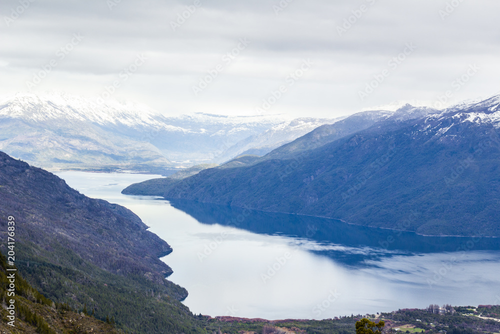 Panoramic view of the Andes mountain range from a viewpoint in Lago Puelo near Bariloche in Argentina