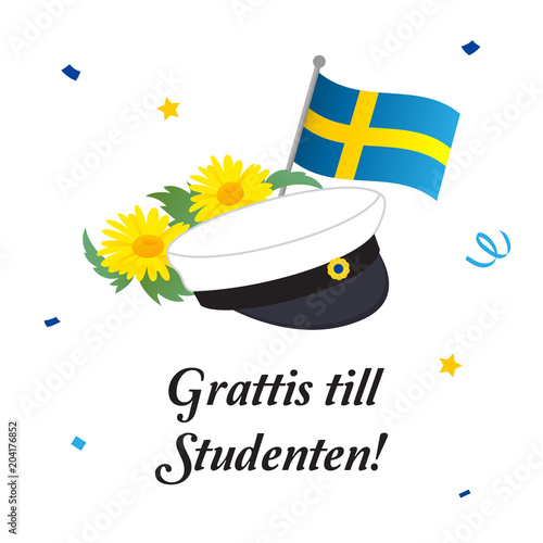 Graduation cap with flag and flowers, Greeting Card vector illustration. Swedish Translation: " Congratulations on graduation! "
