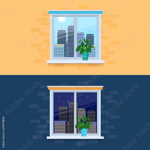 Illustration of closed windows overlooking the city  day and night