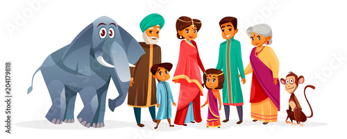 Indian family vector illustration of Hindu people in national clothes. Indian mother woman in saree, father man with boy and girl children or grandparents with elephant cartoon character