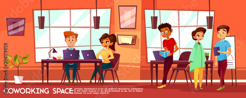 Vector cartoon office room, coworking space with workplaces, desks, big windows and communicating people. Illustration with business or meeting room with young characters women, men