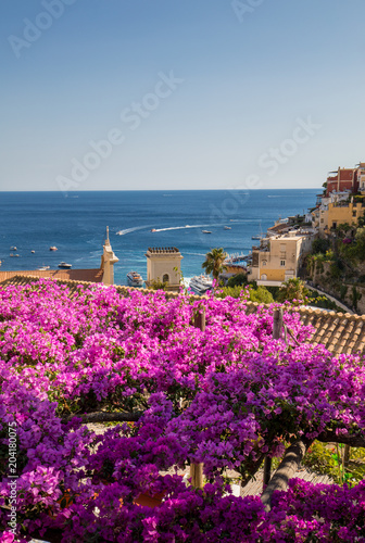 Positano framed by pink bougainvillea and boats in the background. Italy