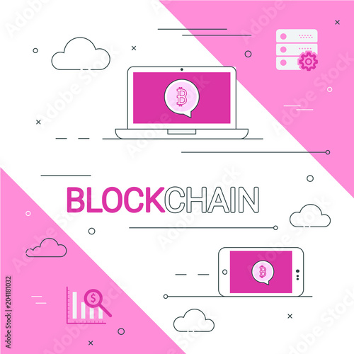 Blockchain vector illustration. Bitcoin and Ethereum trading concept.