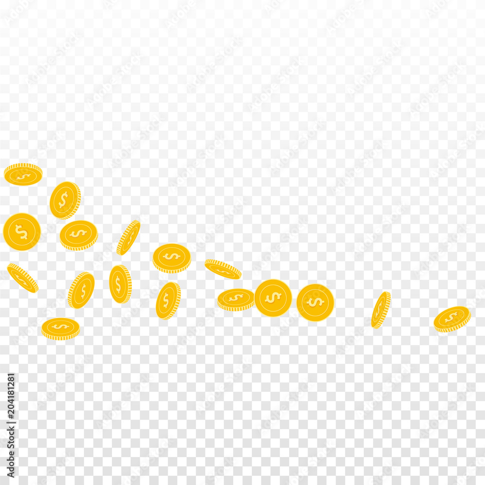 American dollar coins falling. Scattered sparse USD coins on transparent background. Enchanting square shape vector illustration. Jackpot or success concept.