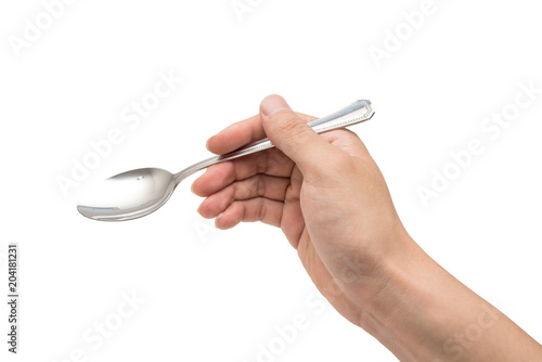 Hand holding spoon isolated on white background