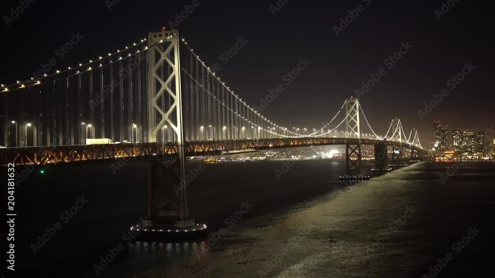 A view of the Bay Bridge and the City of San Francisco. Camera is panning. A view of the Bay Bridge and the City of San Francisco. Camera is panning.