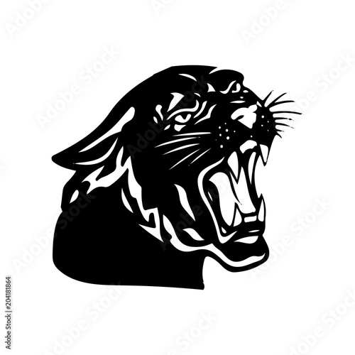 Aggressive black panther with open mouth, silhouette on white background,