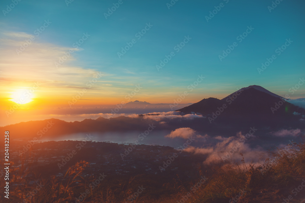 Morning view of Mount Gunung Agung volcano from Mt. Batur, Bali, Indonesia.