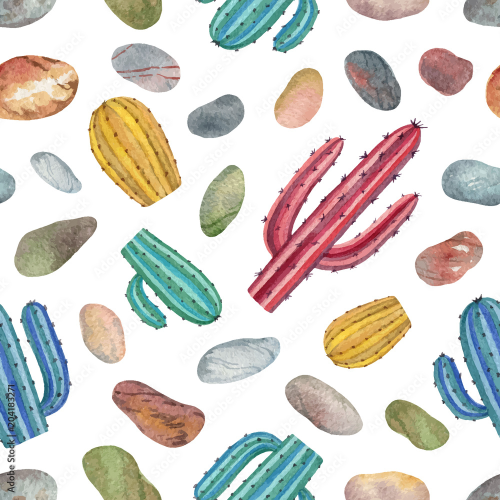 Fototapeta Akwarela wektor wzór kaktusów i kolorowe kamienie ozdobne na białym tle.