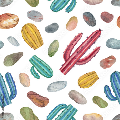 Fototapeta Akwarela wektor wzór kaktusów i kolorowe kamienie ozdobne na białym tle.