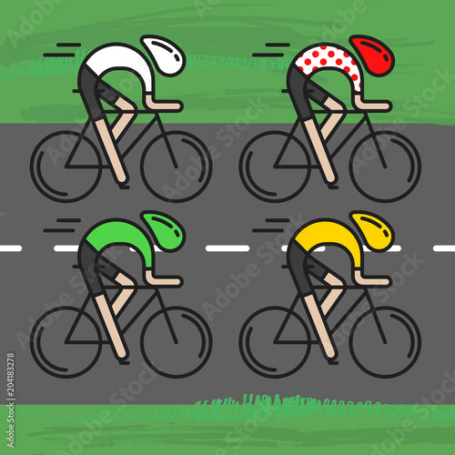 Four flat bicyclists, side view