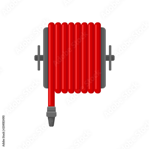 Flat vector icon of red water hose for fire fighting. Flame prevention tool. Object for concept about safety and firefighter job