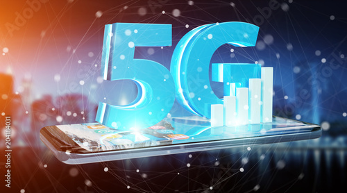 5G network with mobile phone 3D rendering
