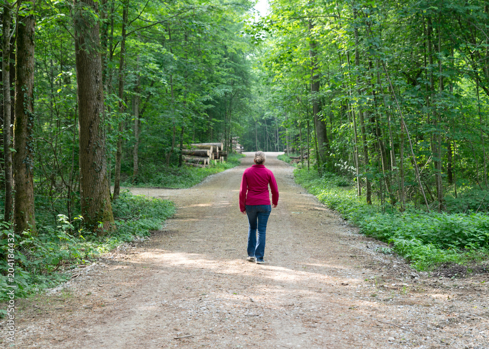 Frau wandert im grünen Wald