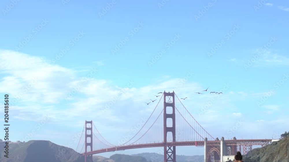 A group of birds flying in slow motion over Golden Gate Bridge, famous icon of San Francisco, California in a peaceful and freely pace. A group of birds flying in slow motion over Golden Gate Bridge, famous icon of San Francisco, California in a peaceful and freely pace.