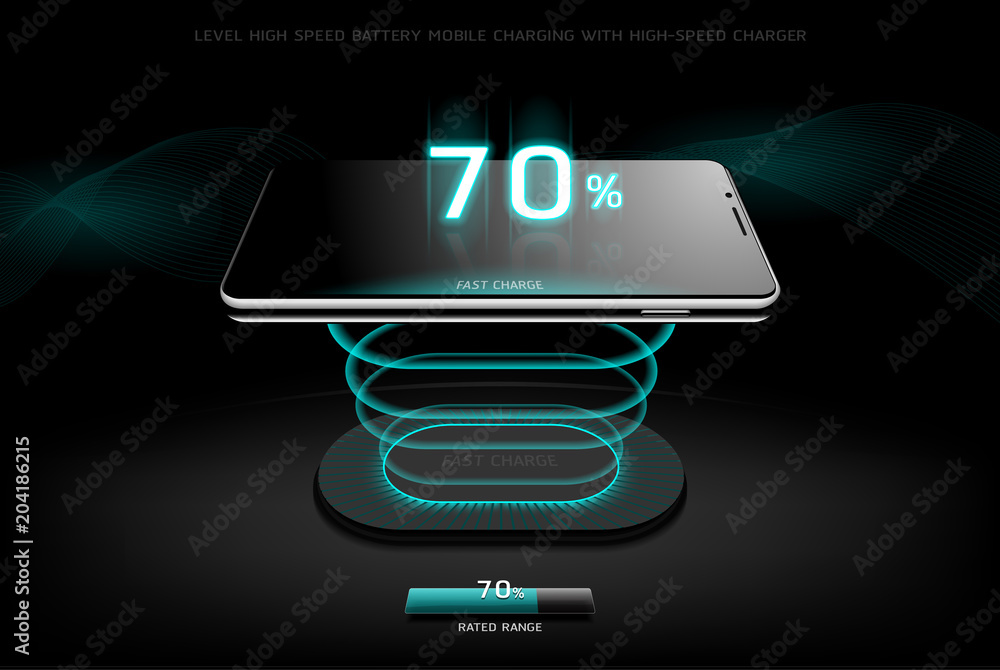 The Level Fast Charging Smartphone wireless charging design style on Black background - obrazy, fototapety, plakaty 