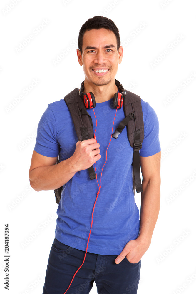Cheerful older man with backpack and headphones Cheerful older man with backpack and headphones