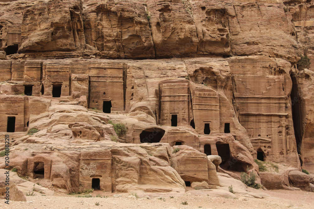 Cave dwellings in the ancient city of Petra, Rose City, Jordan