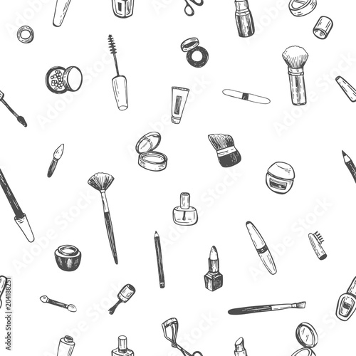 Simless pattern of makeup products. Cosmetics. Hand drawn Vector Illustration.