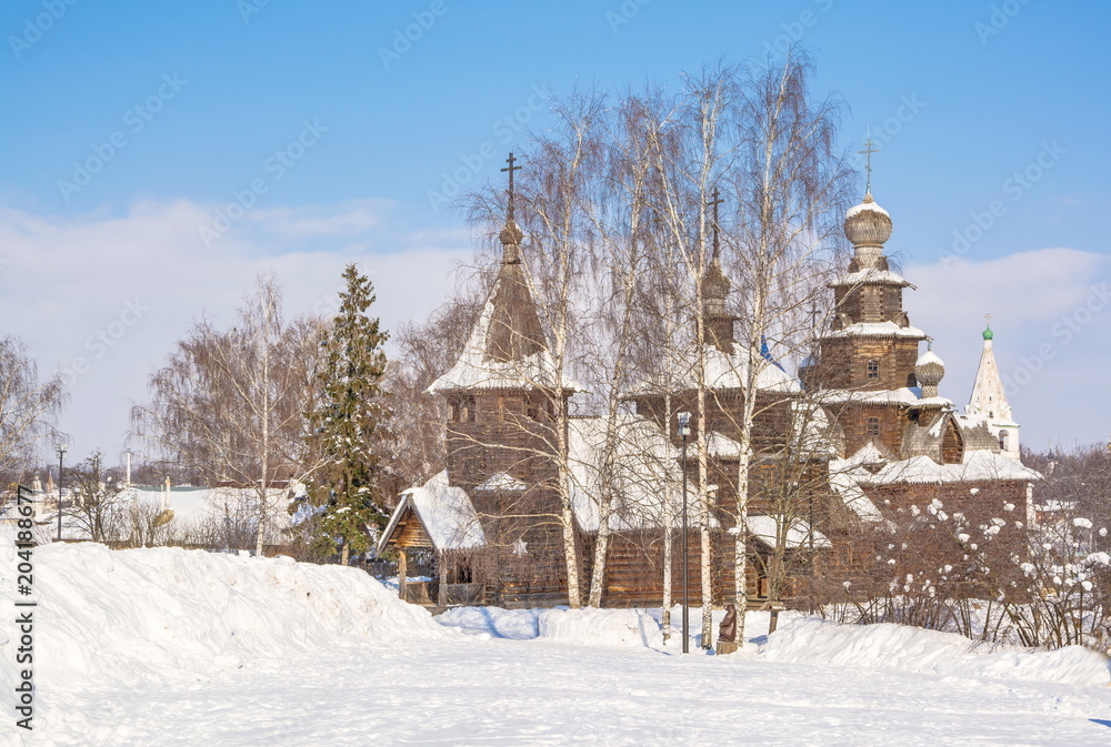 Gold ring of Russia. Winter Suzdal. Russian wooden architecture
