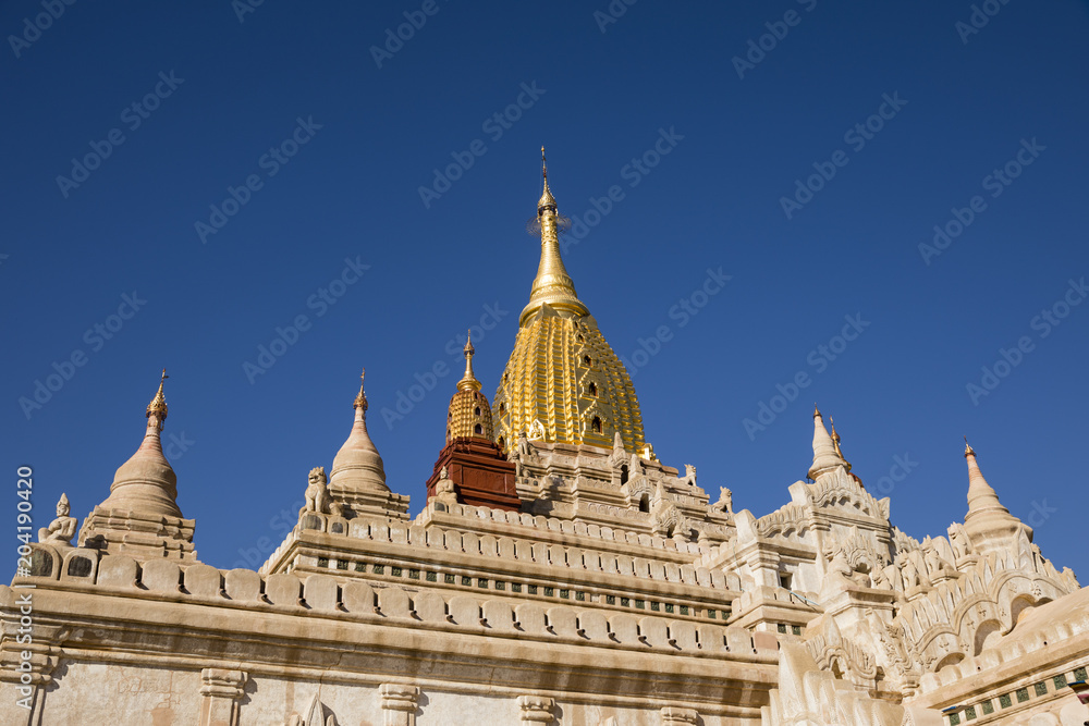 Newly renovated Ananda Temple in Old Bagan, Myanmar. The Buddhist temple houses four standing Buddhas