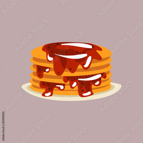 Fresh tasty pancakes with berry jam on a plate, traditional breakfast food vector Illustration