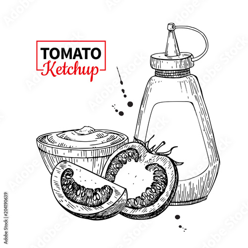 Ketchup sauce bottle with tomatoes. Vector drawing. Food flavor 