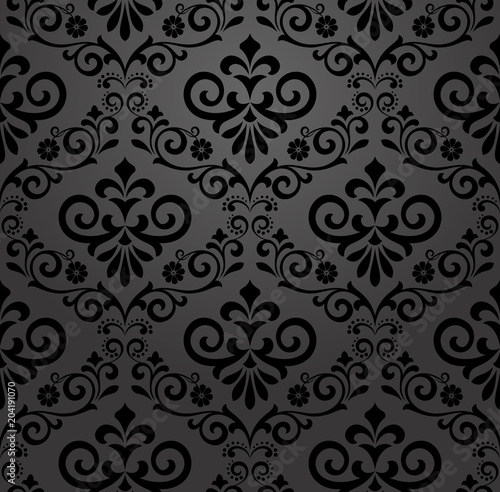 Wallpaper in the style of Baroque. A seamless vector background. Black floral ornament. Graphic pattern for fabric, wallpaper, packaging. Ornate Damask flower ornament