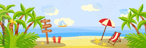 Summer beach vacation horizontal banner with lounge and umbrella on sand with palm trees near sea - sunny scene for resort holidays concept. Cartoon vector illustration of sea skyline.