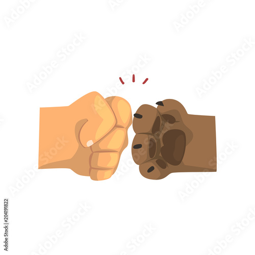 Dog paw and human hand bumping together, friendship, training, veterinary care concept vector Illustration on a white background