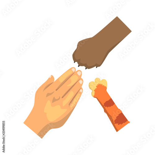 Human hand, cat and dog paw, friendship, training, veterinary care concept vector Illustration on a white background