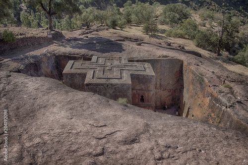 Monolithic rock carved church of the Copts, Prayer of Giyorgi or St. George, Rock Church of Lalibela, Unesco World Heritage Site, Lalibela, Amhara Region, Ethiopia, Africa photo